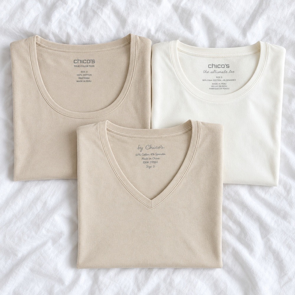 Chicos Set of 3 Beige Pima Cotton Ultimate True Color T-Shirts 3 XL V Scoop NWT